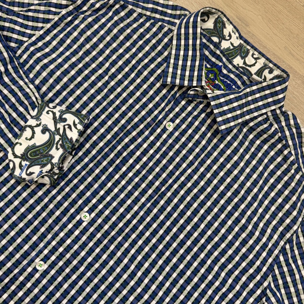 Robert Graham Shirt Mens 2XLT Blue Gingham Check Paisley Flip Cuff Button Down